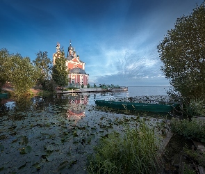 Rzeka, Obwód jarosławski, Klasztor Goricki Zaśnięcia Matki Bożej, Rosja, Peresław Zaleski, Cerkiew, Trubezh River, Łódki, Poranek