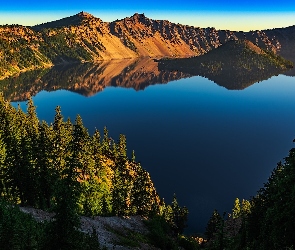 Stan Oregon, Odbicie, Jezioro Kraterowe, Stany Zjednoczone, Drzewa, Park Narodowy Jeziora Kraterowego, Góry