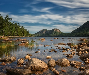 Góry, Kamienie, Stan Maine, Bubble Mountains, Jezioro Jordan Pond, Stany Zjednoczone, Park Narodowy Acadia