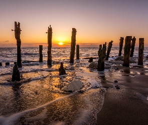 Morze, Wschód słońca, Fale, Paliki, Plaża