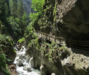 Przejście, Skały, Strumień, Ogrodzenie, Wąwóz, Salzburg, Kitzlochklamm, Góry, Austria, Alpy Salzburskie