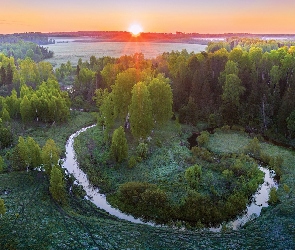 Obwód niżnonowogrodzki, Uzola, Drzewa, Rosja, Rzeka, Wschód słońca, Roślinność