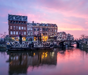 Holandia, Amsterdam, Domy, Poranek, Kanał, Most