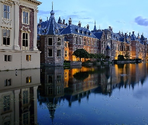 Odbicie, Domy, Staw Hofvijver, Binnenhof, Haga, Budynki, Holandia, Drzewa