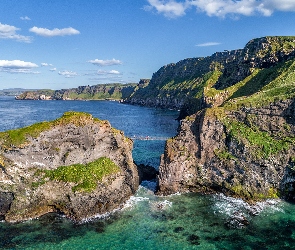 Wybrzeże, Hrabstwo Antrim, Morze, Irlandia Północna, Ballintoy, Klif, Skały, Most, Carrick a Rede Bridge