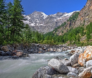 Kamienie, Dolina Aosty, Włochy, Góry, Alpy, Park Narodowy Gran Paradiso, Rzeka