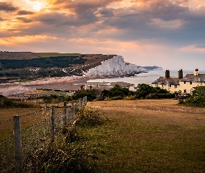 Klify, Morze, Wzgórza, Park Narodowy South Downs, Anglia, Ogrodzenie, Domy, Eastbourne, Beachy Head