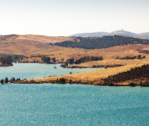 Pola, Lake Embalse del Guadalhorce, Jezioro, Hiszpania, Malaga, Wiatraki, Andaluzja, Wzgórza