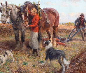 Rowland Wheelwright, Mężczyzna, Obraz, Malarstwo, Pole, Konie, Psy, Pług, Kobieta