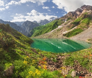 Uzbekistan, Chmury, Jezioro Badak, Góry, Drzewa, Promienie słońca