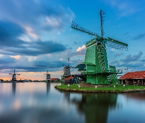 Jezioro, Wiatraki, Zaandam, Dom, Zaanse Schans, Holandia, Skansen