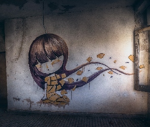 Street art, Okno, Zaniedbane, Wnętrze, Kobieta