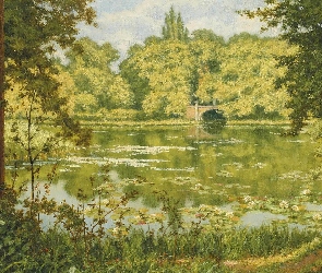 Malarstwo, Obraz, Most, Drzewa, Jezioro, Henri Biva