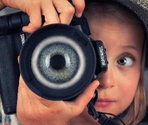 Śmieszne, Oko, Dziewczynka, Aparat fotograficzny