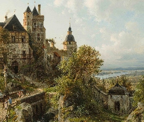 Zamek, Obraz, Malarstwo, Ludzie, Jezioro, Drzewa, Most, Johannes Duntze