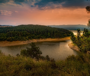 Drzewa, Las, Chmury, Trawa, Zachód słońca, Wieczór, Jezioro