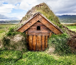 Domek, Drewniany, Islandia, Kamienie, Trawa, Geirsstadir, Murawa