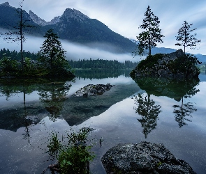 Niemcy, Góry, Kamienie, Alpy, Jezioro Hintersee, Skały, Gmina Berchtesgadener, Mgła, Bawaria, Drzewa