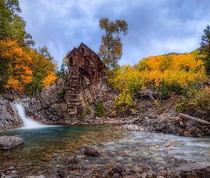 Rzeka, Jesień, Crystal Mill, Młyn, Stany Zjednoczone, Drzewa, Skały, Kolorado, Crystal River
