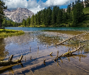 Jezioro, Chmury, Ławka, Drzewa, Góry