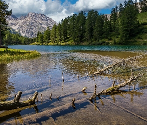 Góry, Chmury, Drzewa, Ławka, Jezioro