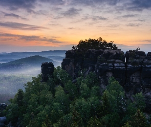 Drzewa, Skały, Mgła, Wschód słońca, Lasy