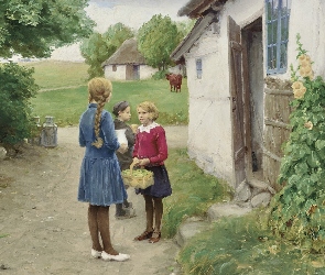Drzewa, Kwiaty, Dom, Malwy, Hans Andersen Brendekilde, Malarstwo, Dzieci, Wieś, Obraz, Droga