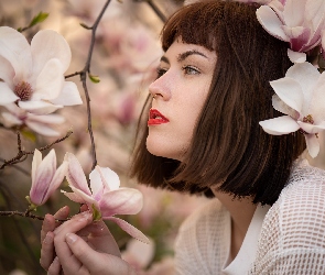 Magnolia, Makijaż, Kobieta, Kwiaty, Krzew