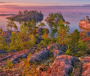 Jezioro Ładoga, Drzewa, Rosja, Skały, Karelia, Wysepki, Rosja, Roślinność