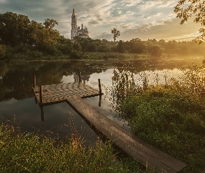 Jezioro, Pomost, Drzewa, Cerkiew