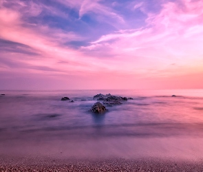 Wschód słońca, Skały, Morze, Plaża, Brzeg, Piasek