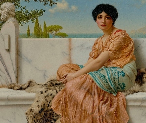 Malarstwo, Obraz, Taras, Kobieta, Ławka, John William Godward