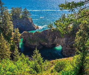 Skały, Oregon, Natural Bridges Viewpoint, Stany Zjednoczone, Brookings, Punkt widokowy, Most skalny, Drzewa, Morze