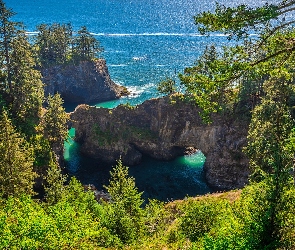 Drzewa, Punkt widokowy, Most skalny, Skały, Stany Zjednoczone, Brookings, Natural Bridges Viewpoint, Oregon, Morze