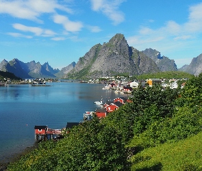 Lofoty, Morze Norweskie, Norwegia, Wioska Reine, Góry, Wyspa Moskenesoya, Drzewa, Domy