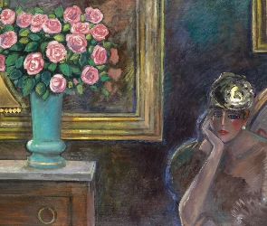 Obraz, Malarstwo, Róże, Kobieta, Pokój, Wazon, Jean Pierre Cassigneul