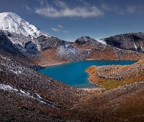 Tama Lake, Ośnieżony, Jezioro, Park Narodowy Tongariro, Nowa Zelandia, Region Manawatu-Wanganui, Wulkan Ngauruhoe, Wyspa Północna, Góry