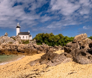 Skały, Latarnia morska, Francja, Brignogan-Plage, Bretania, Phare de Pontusval