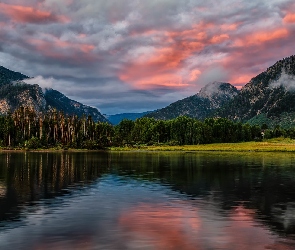 Lake Dillon, Wschód słońca, Jezioro, Lasy, Kolorado, Góry, Stany Zjednoczone, Hrabstwo Summit