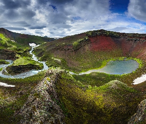 Rzeka, Skały, Chmury, Góry, Islandia, Rezerwat przyrody, Roślinność, Region Fjallabak, Jeziora
