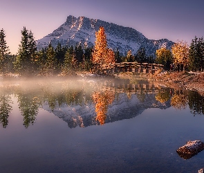 Drzewa, Odbicie, Kanada, Góra Mount Rundle, Jezioro, Park Narodowy Banff, Mostek, Alberta, Las, Mgła, Two Jack Lake