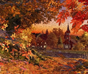 Jesień, Drzewa, Grafika, Rzeka, Kościół, Liście