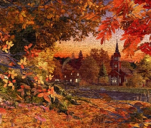 Grafika, Kościół, Drzewa, Jesień, Liście, Rzeka