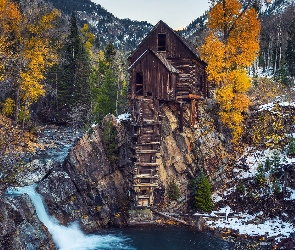 Śnieg, Crystal Mill, Młyn, Stany Zjednoczone, Drzewa, Skały, Kolorado, Rzeka Crystal River