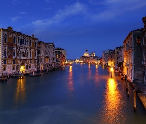 Wenecja, Domy, Canal Grande, Włochy, Oświetlone, Kanał, Noc