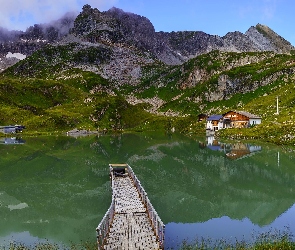 Austria, Góry, Zurser See, Jezioro, Pomost, Domy