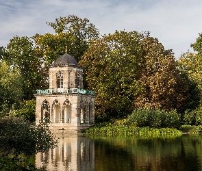 Poczdam, Gothic Library, Niemcy, Budynek, Park, Jezioro Heiliger, Drzewa, Biblioteka