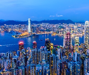 Hongkong, Oświetlone, Chiny, Zatoka Wiktorii, Port Wiktorii, Wieżowce