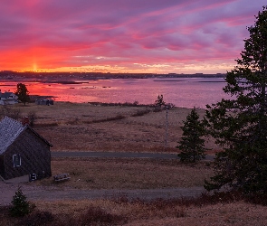 Zachód słońca, Jezioro, Stany Zjednoczone, Drzewa, South Lubec, Stan Maine, Domy