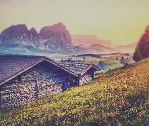Góry Sassolungo, Drzewa, Drewniane, Dolina Val Gardena, Mgła, Włochy, Domki, Rozmycie, Dolomity, Łąka, Płaskowyż Seiser Alm